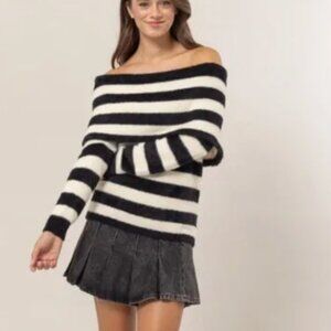 Off-Shoulder Striped Sweater Outfit